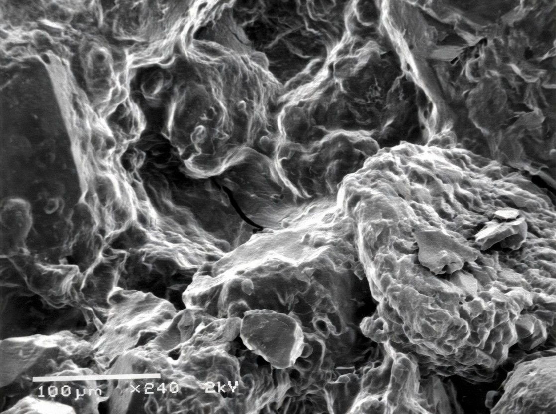 SEM micrograph showing sandstone core with starch polymer residue coating grain surfaces